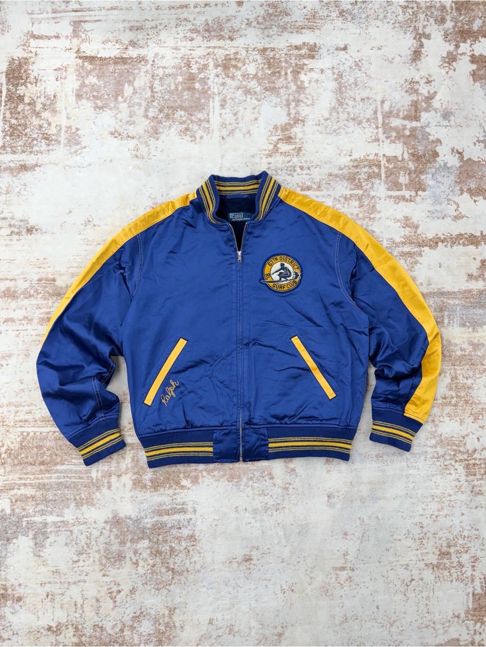 Polo Ralph Lauren 67th District Surf Club Satin Bomber Jacket Mens M Blue